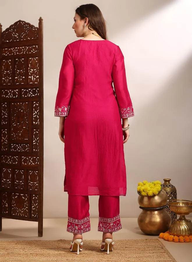 globus Women Pink Floral Embroidered Kurta with Pants Set